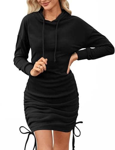 Image of Aottori Women Hoodie Sweatshirt Dresses Ladies Hoodies Dress Long Sleeve Drawstring Hooded Solid Casual Pullover Long Tops for Autumn Winter Black XL