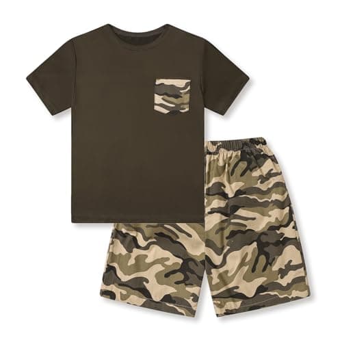 Image of Momkonzz Boys Summer Clothes Kids Shorts Sets Camo T-shirt Short Sleeve Top Crew Neck Tee Shirts Toddler Casual 2 Piece Summer Outfit Brown 9-10 Years