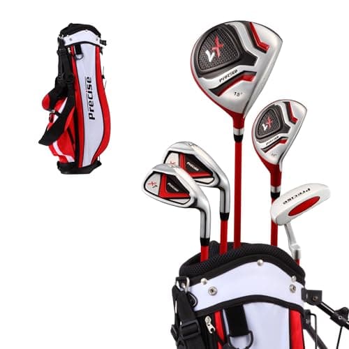 Image of Excellent Right Handed Junior Golf Club Set for Age 6 to 8 (Height 3'8" to 4'4") Set Includes: Driver (15"), Hybrid Wood (22), 2 Irons, Putter, Bonus Stand Bag & 2 Headcovers