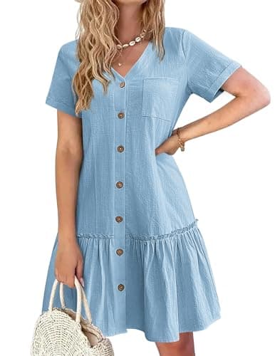 Image of HOTOUCH Linen Dresses for Women Button Down Dress Loose Summer Cotton Mini Dress Ruffle Hem Casual Short Sleeve T Shirt Dress Light Blue S