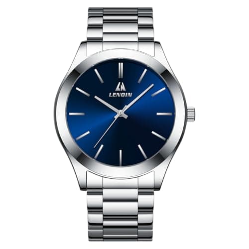 Image of LN LENQIN Mens Watches Stainless Steel Analogue Quartz Minimalist Luxury Waterproof Men's Wrist Watches Metal Casual Business Dress Watch for Men (Silver Blue)