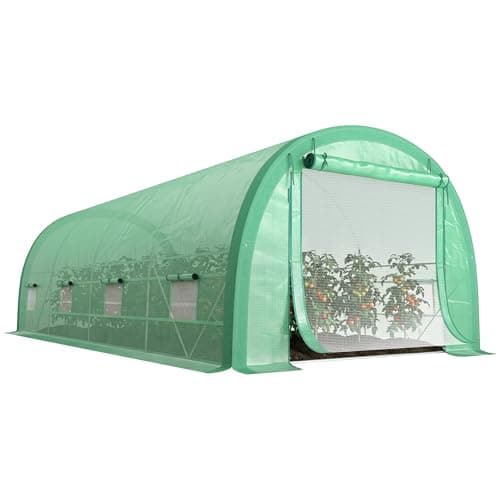 Image of Outsunny 6 x 3(m) Walk-in Polytunnel Greenhouse with Upgraded Structure, Zipped Roll Up Mesh Door, 8 Mesh Windows, Tunnel Warm House Tent with PE Cover, 15 Plant Labels and Gloves, Green