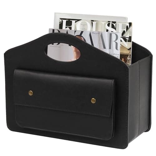Image of HofferRuffer Leather Magazine Holder Newspaper Rack with Handle Foldable Storage Basket with Little Front Bag Multipurpose Organizer Black 13.8*11*6 Inch