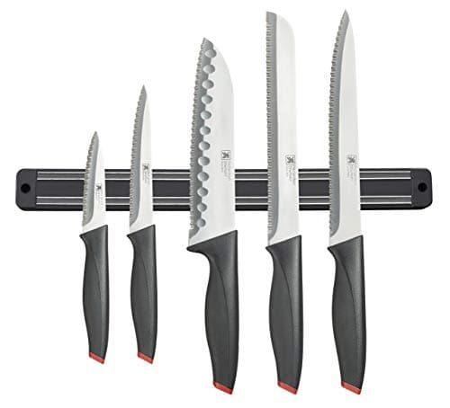 Image of Richardson Sheffield Laser 5-Piece Knife Set with Magnetic Rack – Stainless Steel Kitchen Knives, Black Soft-Grip Handles – Paring, Multipurpose, Santoku, Carving & Bread Knives