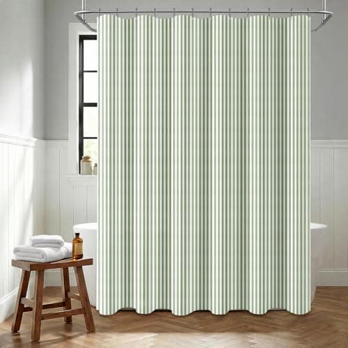 Image of NDDYCU Green and White Striped Shower Curtain, Sage Green Shower Curtains for Bathroom Mould Proof Resistant, Waterproof Fabric Bathroom Curtains 183x183 cm