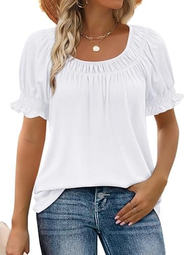 Image of WIHOLL Summer Tops for Women UK Ladies T Shirts Short Sleeve Tee Shirts Square Neck Ruffle Sleeve Womens Blouses White Size 10-12