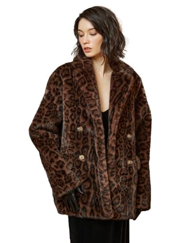 Image of BEAUTELICATE Women’s Faux Fur Teddy Coat Fluffy Lapels Leopard Print Mid-Length Double Breasted Long Sleeve Lined Jacket Coatigan Winter Loose-fit Casual Leisure Overcoat DarkLeopard, M