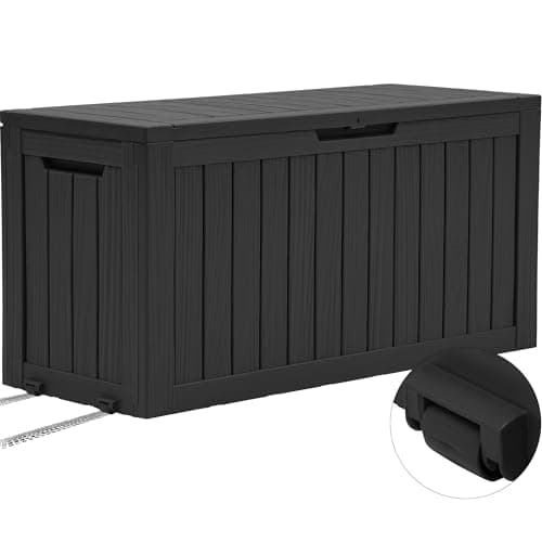 Image of YITAHOME Outdoor Storage Box with Wheels, 270L Plastic Deck Box, Waterproof Garden Chest for Cushions, Tools & Pool Supplies, Lockable, Faux Woodgrain, 114.7 x 46.5 x 57.6 cm, Black