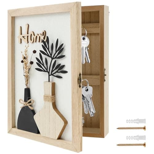 Image of MENIBBLER Wall Mounted Key Cabinet Wooden Key Storage Box with 6 Hooks Decorative Vintage Keys Cupboard Minimalist Safe Indoor Family Keys Box for Home Office Entryway Bedroom Living Room 20x27cm