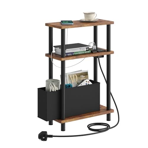 Image of APICIZON Narrow Side Table, 3 Tier Bed Side Table, Slim End Table with Charging Station, for Living Room, Bedroom, Small Nightstand with Magazine Rack, Brown(with a storage box and charging station)