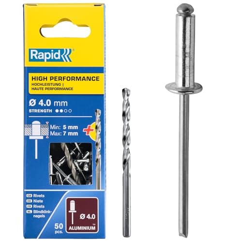Image of Rapid High Performance Aluminium Rivets, Ø4 x 10 mm - 4mm Rivets for Mudguards, Metal and Plastic Covering, Signage, and Metal Sheeting - Includes Drill - 50 Pieces, Carton Boxed (5001459)