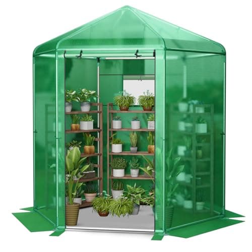 Image of GiantexUK Walk In Greenhouse, Steel Frame Hexagon Growhouse with Waterproof PE Cover, Roll-up Mesh Window & Door, Outdoor Gardening Plants House Polytunnel for Patio Backyard (214x183x227cm)