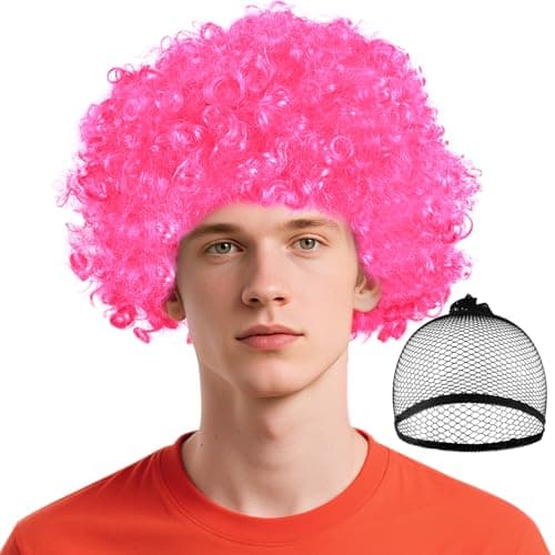 Image of BSBUY 2 Piece Crazy Clown Wig Afro Wigs Curly Bouncy Hair Circus Fancy Dress Clown Dress Up Wigs Bouncy Costume Wigs Funky Wig Disco Clown for Halloween Cosplay 60s 70s 80s Theme Party(Peach Pink)