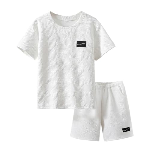 Image of OXUBOAO Boys Summer Clothes for Kids Shorts Set Youth T Shirt Short Sleeve Top + Textured Shorts Outfit (White, 12-13T)