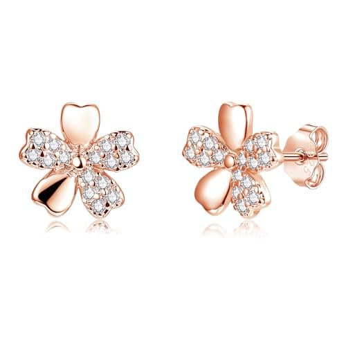 Image of Estrellique Rose Gold Earrings for Women Girls, 925 Sterling Silver Plumeria Flower Stud Earrings, Dainty CZ 8mm Lovely Silver Flower Earrings Minimalist Ear Studs Piercing Jewelry Gifts Birthday