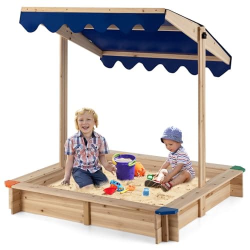 Image of Maxmass Wooden Kids Sandbox, 120x120cm Children Sandpit with Adjustable Canopy, Bench Seats, Protective Corners, Outdoor Sand Box Square Sand Pit for Garden Backyard