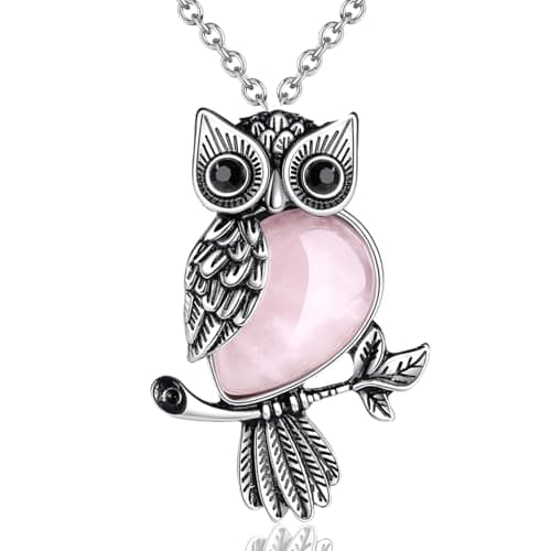 Image of Sahoottie Rose Quartz Crystal Owl Necklace Owl Gifts for Women Men Natural Pink Crystal and Gemstone Pendant Necklace Silver Jewellery for Women Christmas Valentine's Pink Gift