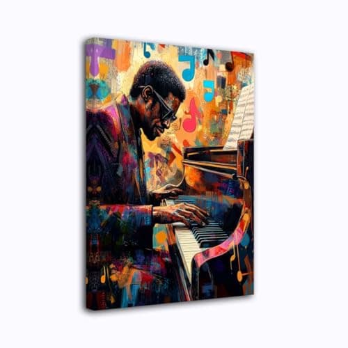 Image of CXHOSTENT Black Jazz Canvas Wall Art Abstract Black Music Painting Prints African American Picture Musical Instruments Artwork for Men Room Decor Framed (Red, 30.00 x 45.00 cms)
