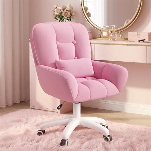 Image of Aivermeil Velvet Office Vanity Swivel Chair with Lumbar Pillow - Height Adjustable, 150kg Load Capacity, Ergonomic Desk Chair for Home Office, Study, Bedroom - Pink