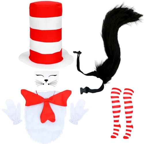 Image of Cat Costume Accessory Set, World Book Day Costumes for Kids Boys Girls 2026 - Cat Hat、Red Bow Tie、Tail and Socks for Storybook Cat Character Outfit WBD Fancy Dress Up Cosplay Party Accessories