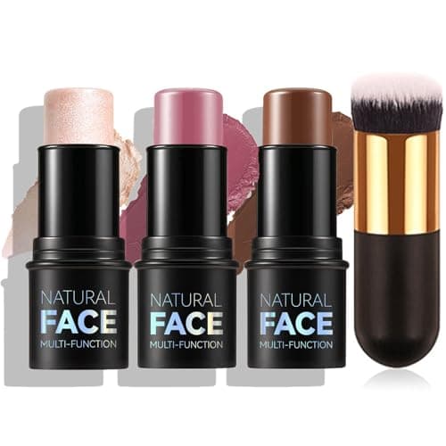 Image of 3 Pack Contour Highlighter Blush Sticks - Bronzer Stick with Brush, Highlighter Makeup Cream Blush Stick - Long Lasting & Waterproof Contour Kit Face Makeup for All Skin, Set B