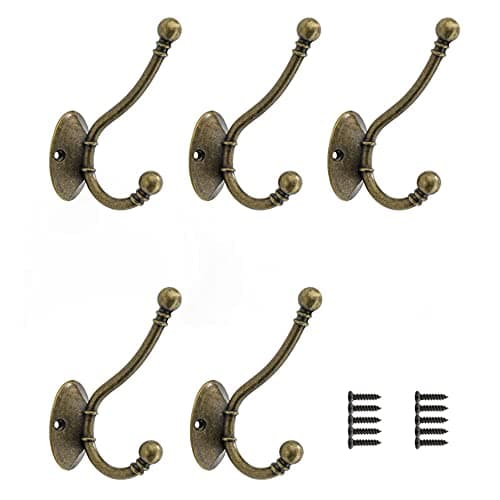 Image of Lxoraziy 5 Pcs Bronze Vintage Coat Hooks, Heavy Duty Double Wall Mounted Hook With 10 Screws for Hanging Coat, Hat, Scarf, Robe & Bag