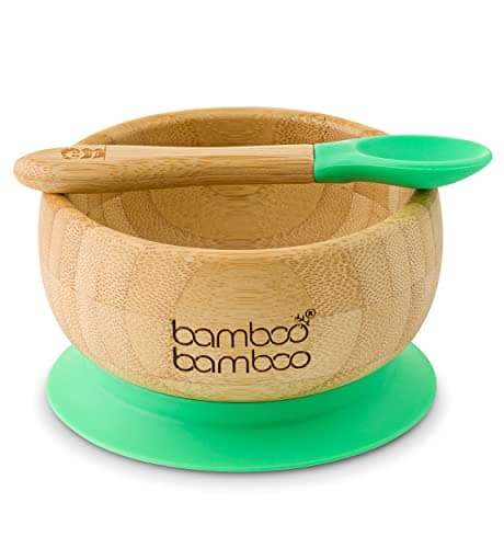 Image of bamboo bamboo Baby Bowl and Spoon Set for Weaning, Bowl with Silicone Suction Ring, Toddler Bowls with Baby Spoon for Babies from 6 Months (Green)