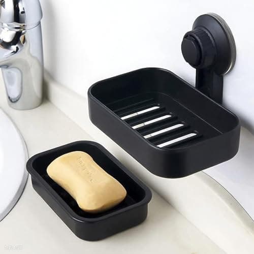 Image of Black Soap Dish for Bathroom - Suction Soap Holder with Drainage for Shower, Plastic Bar Soap Box Case Tray Saver, Draining Soap Dishes for Home Kitchen Toilet Product, No Drill & Glue, Removable