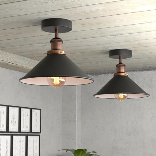Image of DC VOLTAGE 2 Pack Vintage Flush Mount Ceiling Lamp E27 Ceiling Light Fixture Easy Fit Rust Free Long Lasting Metal 22cm Black Inner White Cone Shade Living Room Hallway Lighting Without Bulb