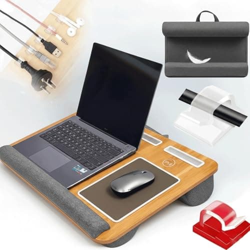 Image of PYJI Lap Desk Wooden Laptop Tray with 5 Cable Holders, Portable Laptop Stand for Bed with Cushion, Lightweight Laptops desk for Sofa & Bed, Lap Tray with Built-in Mouse Pad, Wrist Rest & Phone Slot