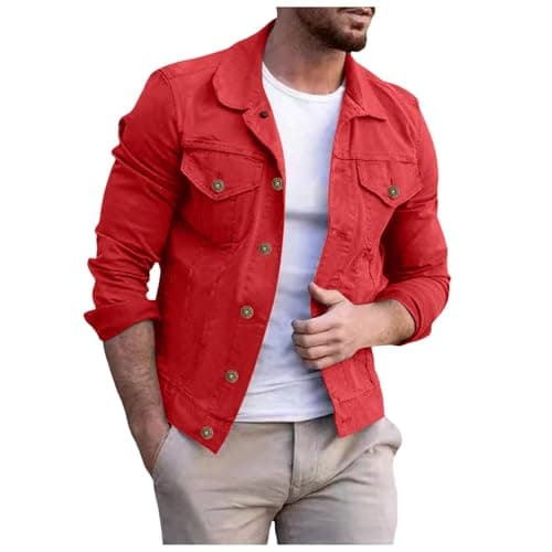 Image of Duohropke Men's Denim Jacket, Basic Coat, Jeans Jacket, Transitional Jacket with Stand-up Collar, Casual Baggy Denim Outwear, red, L