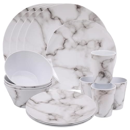 Image of Trimming Shop 16pcs Melamine Dinner Set | Plates, Dessert Plates, Bowls & Cups | Marble Dining Set | Party Dinnerware | Service for 4 | Reusable Dinnerware Set for Indoor, Outdoor, Picnic & Camping