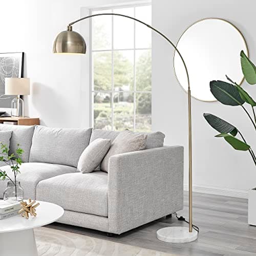 Image of Furniturebox UK Lighting - Holden Gold Metal Floor Arc Standing Lamp Light (Including Bulb) - Modern Standing Lamp - White Marble, Gold Metal Arched Arm & Lampshade - Elegant & Simple