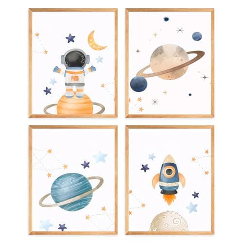 Image of Dazzlewall 4Pcs Outer Space Wall Art Poster, Cartoon Spaceman Rocket Planet Picture for Nursery Toddler Boy Room Decor 8x10 in Unframed