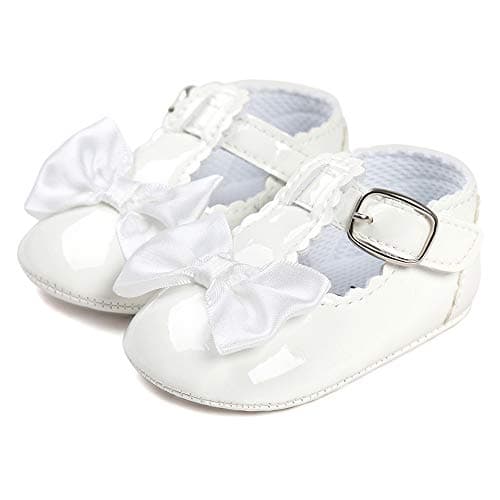 Image of LACOFIA Infant Baby Girls T-Bar Anti-Slip Bowknot Princess Christening Shoes, 12-18 Months, A White