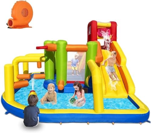 Image of Baralir Bouncy Castle with Blower, Inflatable Water Slide with Obstacles, Dump Bucket, Long Slide, Climbing Wall, Water Cannon for Kids Indoor Outdoor