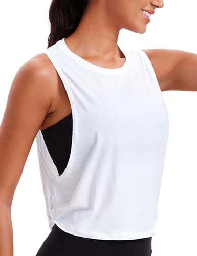 Image of CRZ YOGA Pima Cotton Summer Gym Sleeveless Vest Tops for Women Light Elastic Running Crop Top Loose Crew Neck Yoga Shirt White 12