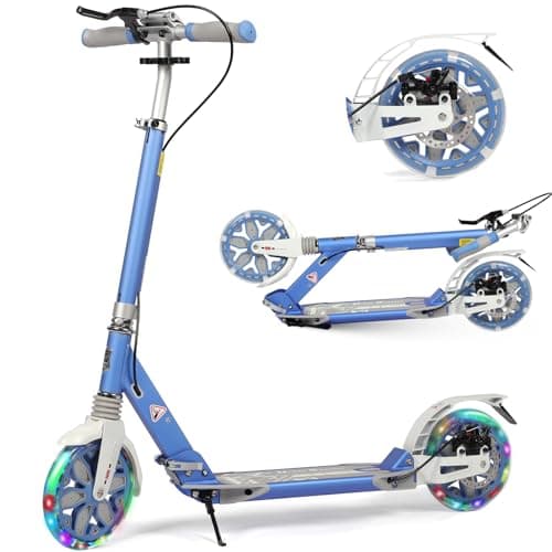 Image of Kick Scooter for Kids Ages 8-12, 200mm Big Wheels for Adults with Disc Brakes, Adult Scooter with Carry Strap and Double Shock Absorption, Foldable Scooters for Teenagers11 (LED - Light Blue)