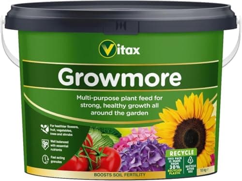 Image of Vitax Growmore General Purpose Fertiliser 10kg | Balanced NPK 7-7-7 Plant Food for Fruit, Veg, Flowers & Lawns Fast-Acting Granules | Treats approx 200m² Ideal for Soil Prep, Turf & All-Season Feeding