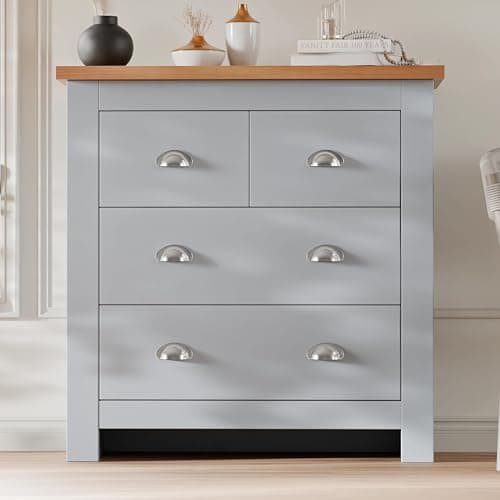 Image of Blisswood Wooden Chest of Drawers, 2+2 Drawer Slim Storage Unit Cabinet with Oak Top for Bedroom Furniture, Chest for Living Room, Lounge, Hallway Office Furniture, Grey/Oak 38D x 75W x 81H CM