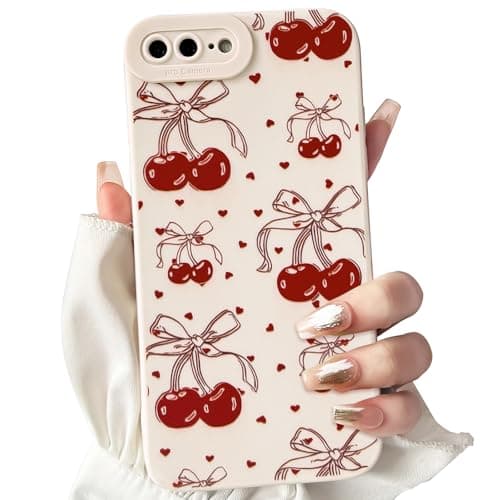 Image of NITITOP Compatible with iPhone 7 Plus / 8 Plus Case Cute Bowknot Cherry Pattern Little Heart for Women Girl Soft TPU Shockproof Protective Phone Cover Girly - White