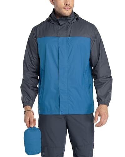 Image of 33,000ft Men's Lightweight Waterproof Outdoor Jackets Windproof Rain Shell Jacket Packaway Hooded Raincoat for Golf Fishing Cycling Classic Blue/Grey XL