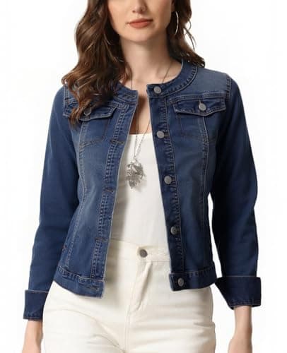 Image of Ellunis Women’s Denim Jacket Cropped Short Length Collarless Round Neck Casual Jean Jacket
