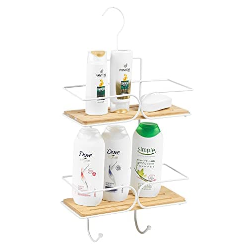 Image of URBNLIVING Bamboo Shower Shelf Bathroom Rack Storage Organiser Caddy 2 Tier Corner Suction (Rectangular 2 Tier With Hook)