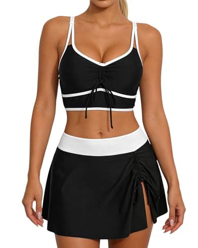 Image of EOAMGO Women’s Bikini Set with Drawstring Swim Skirt, Two Piece High Waisted Swimsuit, Scoop Neck Wide Strap Top with Ruched Front Tie (UK, Alpha, XL, Regular, Regular, Black)