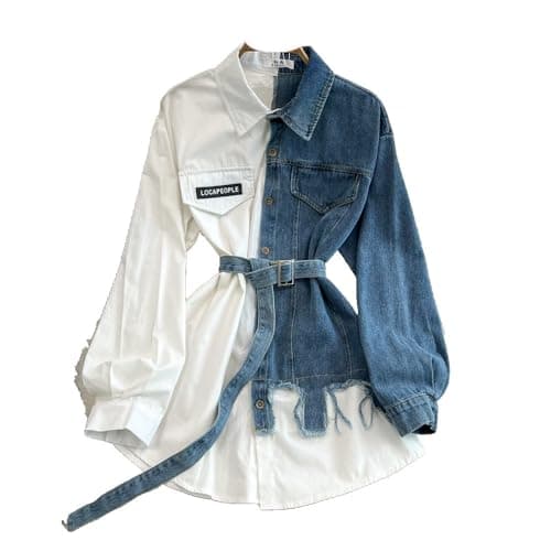 Image of CAEITLRSO Women Dresses - Retro Temperament Waist Color Matching Denim Shirt Women's Spring Casual Dress with Denim Belt, Fashion Lapel Long Sleeve Casual Shirt Dress Party Dress,White,One Size