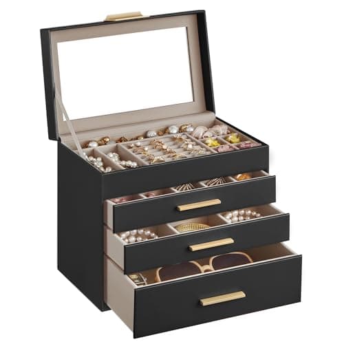 Image of SONGMICS JBC161B02 Jewelry Box with Glass Lid 4 Tier 3 Drawers for Sunglasses, Large Jewelry, Jewelry Storage, Modern Style, Graphite, Black and Gold