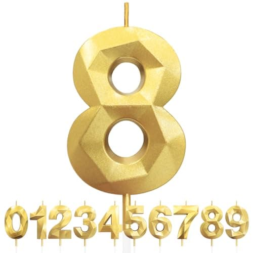 Image of 8th Birthday Candles, Number 8 Candle, Gold Birthday Candles for Cake, Diamond 3D Happy Birthday Cake Candle Decorations for Birthday Party Wedding Anniversary Celebration Supplies