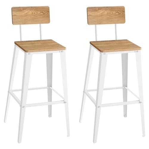 Image of VASAGLE Bar Stool Set of 2, Bar Chairs, Kitchen Chairs with Backrest, Steel Frame, Easy Assembly, Industrial, Wheat Brown and Cloud White LBC078K01