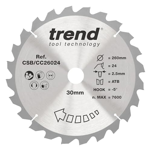 Image of Trend Wood Mitre Saw Blade, 260mm Diameter, 30mm Bore, 24 Teeth, 2.5mm Kerf, -5° Hook, TCT, Coarse Finish, CSB/CC26024